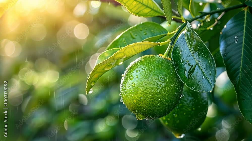 A green lime hangs from a tree branch in the rain on a sunny day A green lime hangs from a tree branch in the rain on a sunny day