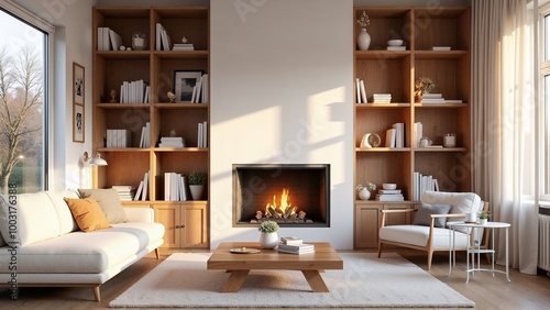 Warm living room with modern fireplace and stylish bookshelf in a light-filled atmosphere