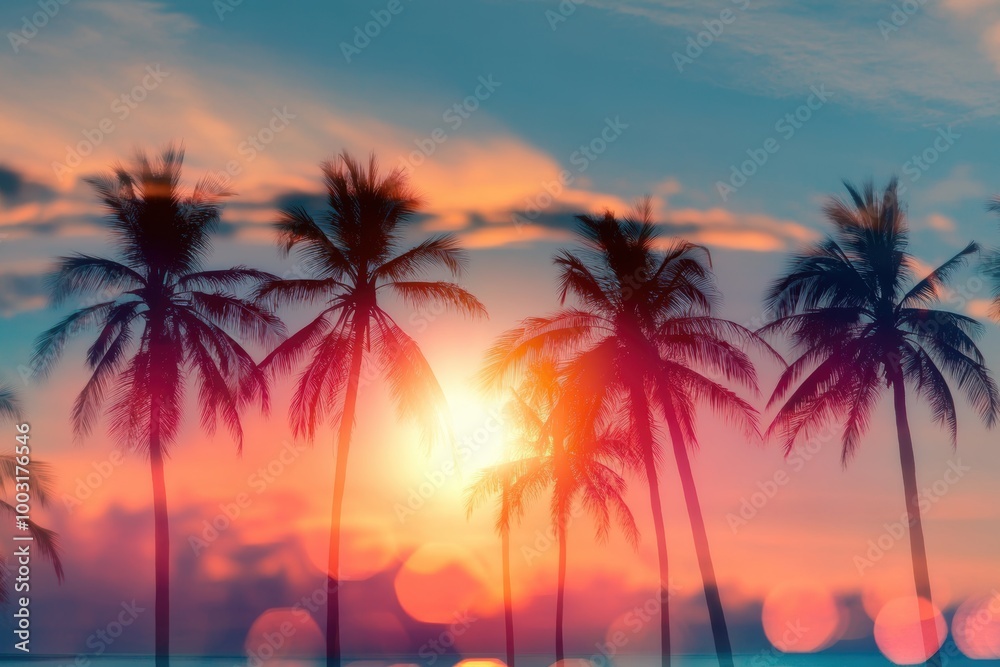 A beautiful sunset over a tropical beach with palm trees. The sky is filled with vibrant colors, creating a serene and peaceful atmosphere. The palm trees are tall and lush A beautiful sunset over a tropical beach with palm trees. The sky is filled with vibrant colors, creating a serene and peaceful atmosphere. The palm trees are tall and lush