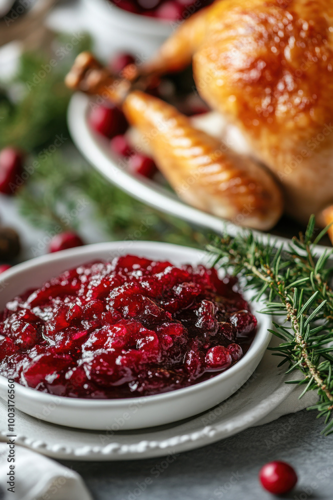 Close-up of a bowl of homemade cranberry sauce next to a roast turkey, garnished with fresh rosemary for a festive holiday meal. Close-up of a bowl of homemade cranberry sauce next to a roast turkey, garnished with fresh rosemary for a festive holiday meal.