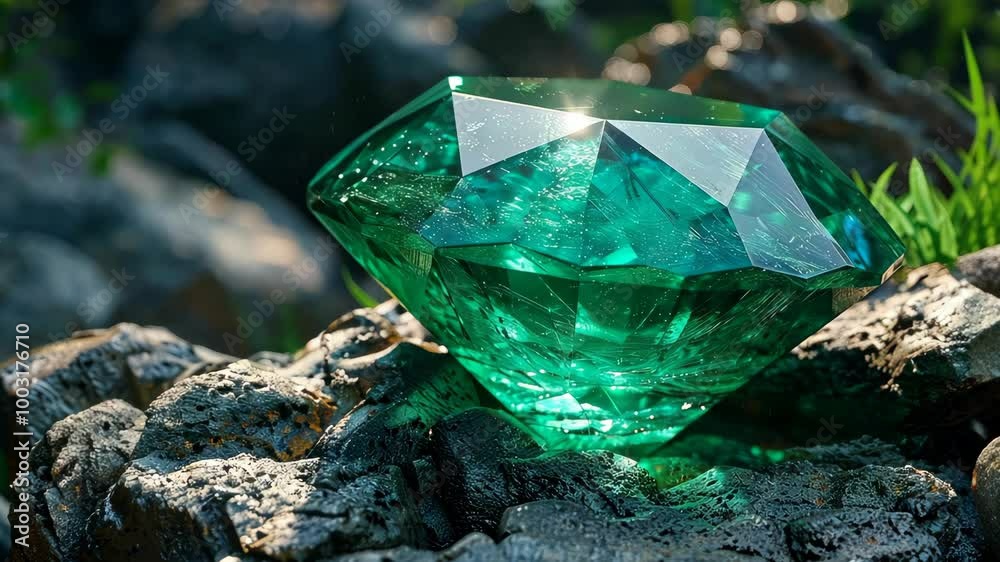 A large, green emerald rests on a bed of dark rocks, sparkling in the sunlight