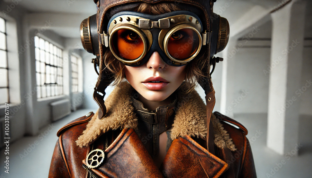 dystopian woman wearing a helmet and biker goggles