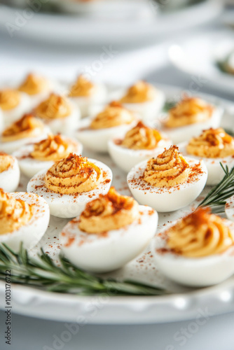 A platter of freshly prepared deviled eggs garnished with herbs, showcasing creamy yolk filling and a sprinkle of paprika.