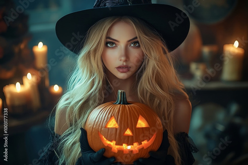 Portrait of beautiful woman in witch halloween