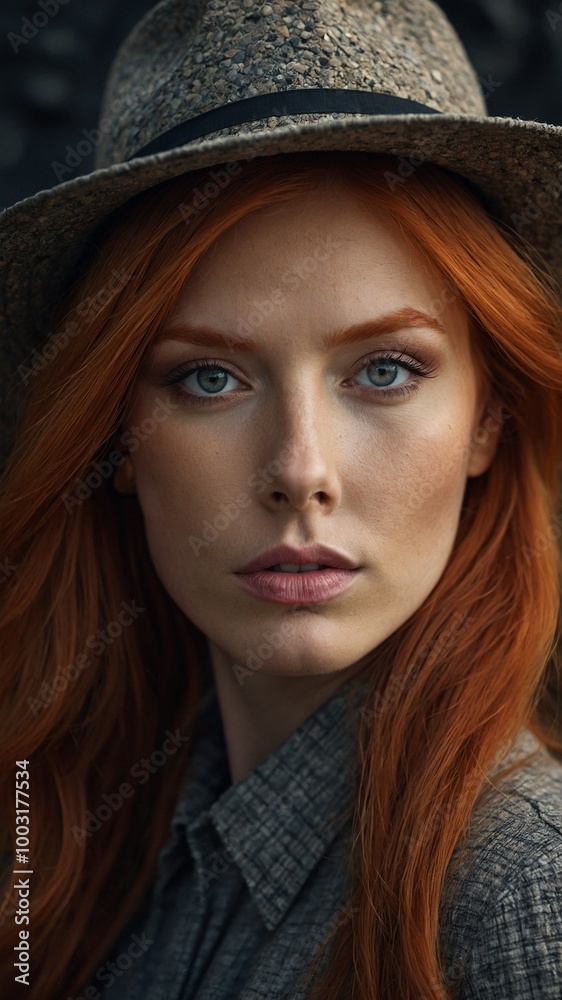 Young Caucasian woman with long, vibrant red hair, piercing blue eyes, and serious expression on her face Young Caucasian woman with long, vibrant red hair, piercing blue eyes, and serious expression on her face