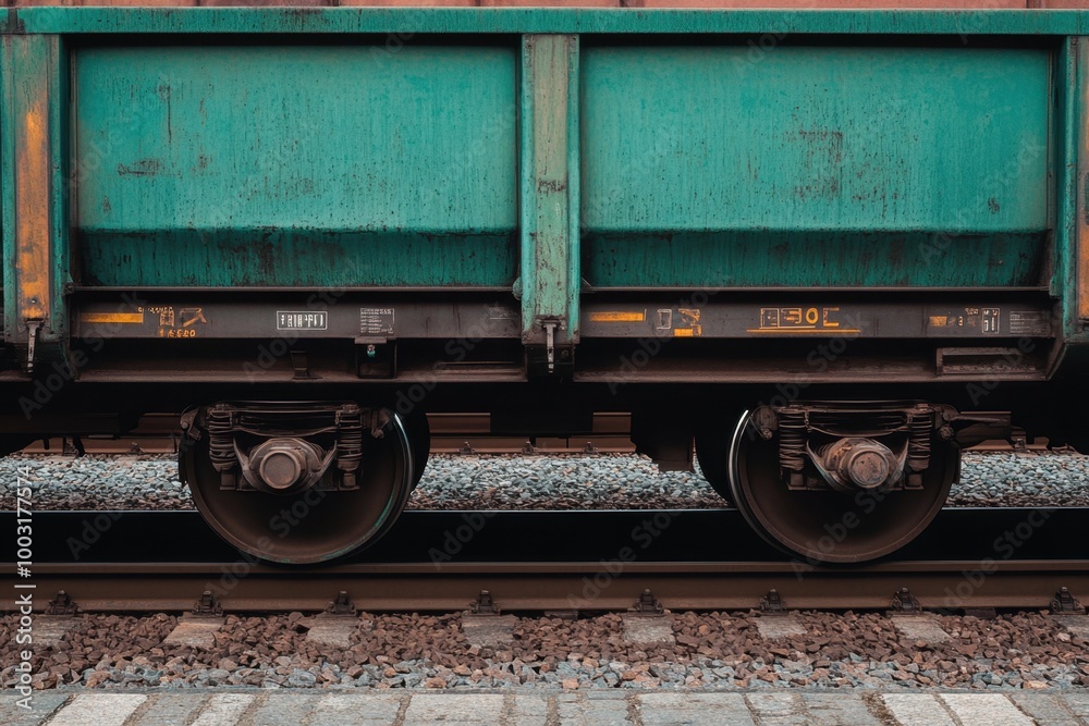Close up view of a turquoise freight train car on tracks near a station during daylight hours Close up view of a turquoise freight train car on tracks near a station during daylight hours