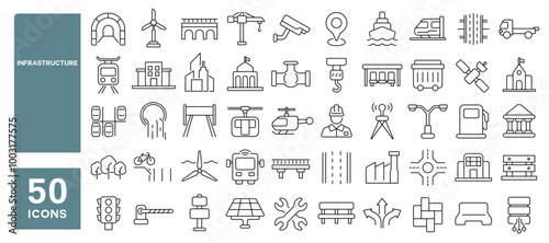 Set of 50 line icons related to infrastructure, public, road, city, highway, tunnel, building, structure, Editable stroke. Vector illustration