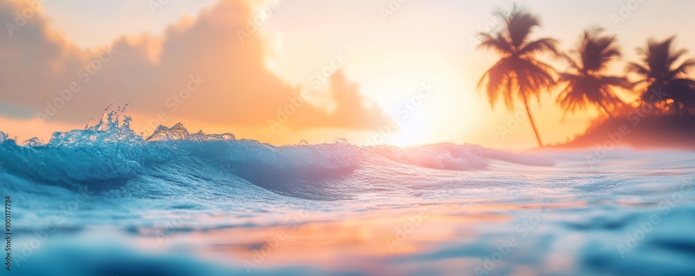 Sunset over tropical beach with palm trees Sunset over tropical beach with palm trees
