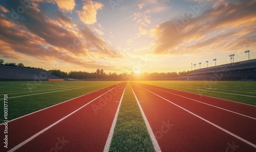 Field level view of a high school track and football field in at sunrise