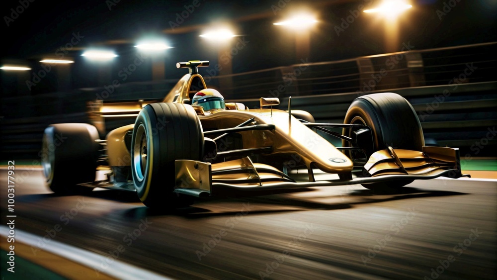 Fototapeta premium Racing car on the track in the rays of the setting sun, demonstrating speed and power. Concept of motorsport and competition