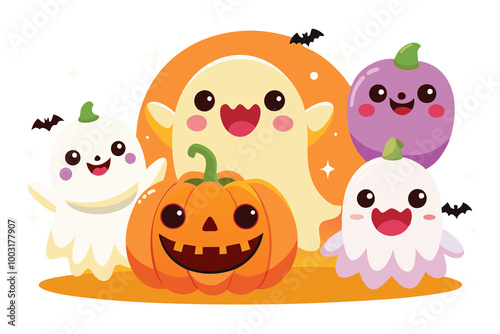 cartoon ghosts and a smiling pumpkin gather cheerfully