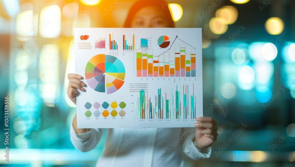 Person holding up an old-fashioned paper chart with colorful graphs and bar charts, analyzes data on a wall covered with charts and graphs, using a marker to highlight information bright workspace Person holding up an old-fashioned paper chart with colorful graphs and bar charts, analyzes data on a wall covered with charts and graphs, using a marker to highlight information bright workspace