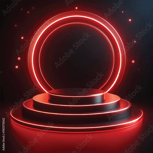 Red light round podium and black background for mock up 3D rendering