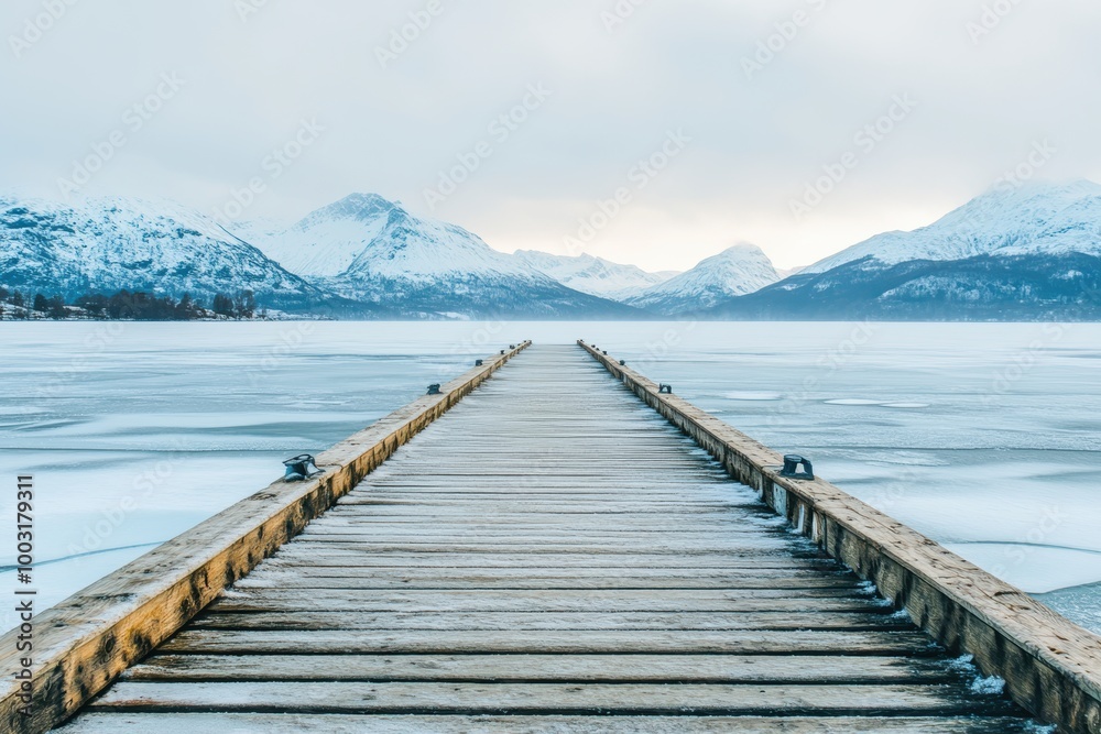 A wooden pier with a bridge leading to a body of water. The water is frozen and the sky is cloudy A wooden pier with a bridge leading to a body of water. The water is frozen and the sky is cloudy