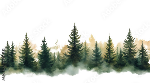 Watercolor painting of lush evergreen trees in a serene outdoor landscape during daylight