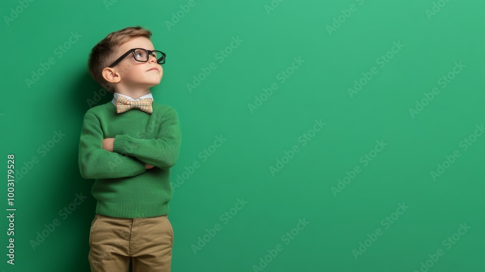 A stylish child stands thoughtfully gazing upward with a curious expression A stylish child stands thoughtfully gazing upward with a curious expression
