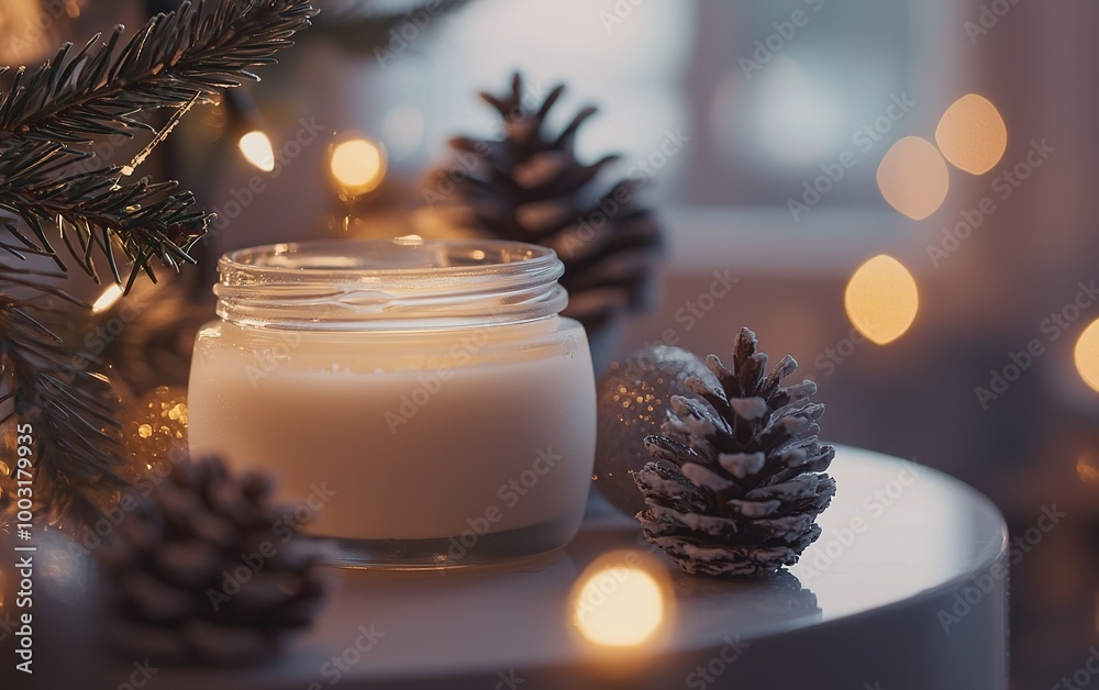 A cozy winter evening with a scented candle glowing beside pinecones and twinkling lights A cozy winter evening with a scented candle glowing beside pinecones and twinkling lights