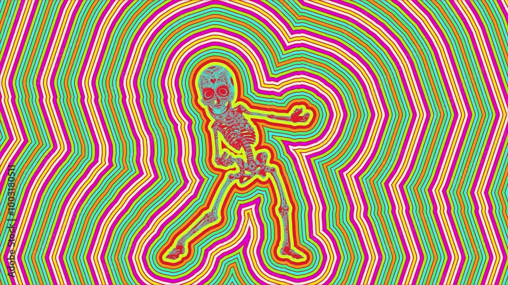 Seamless animation psychedelic thriller dancing skeleton painted style cartoon. Hypnotic Halloween background with wave with marker stroke effect 