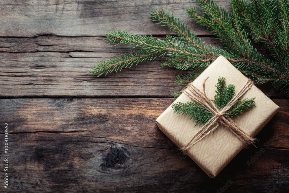Gift wrapped in natural paper adorned with twine and evergreen branches on rustic wooden table Gift wrapped in natural paper adorned with twine and evergreen branches on rustic wooden table