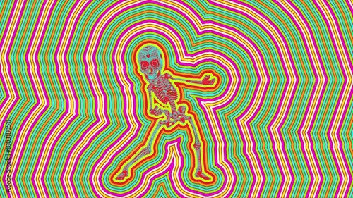 Seamless animation psychedelic thriller dancing skeleton painted style cartoon. Hypnotic Halloween background with wave with marker stroke effect  photo