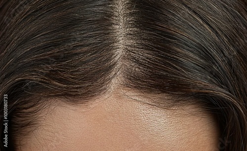 Intricate texture of dark hair reveals a delicate parting under soft lighting, highlighting natural beauty and hair care