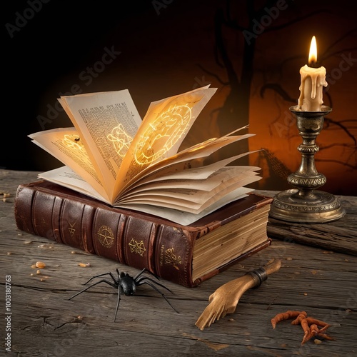 Mystical spellbook with glowing symbols representing arcane knowledge in atmospheric candlelit setting photo