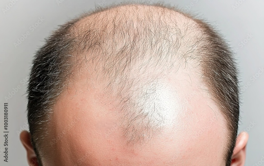 Exploring the effects of hair loss through a close-up view of a nearly bald scalp under soft lighting at a neutral backdrop Exploring the effects of hair loss through a close-up view of a nearly bald scalp under soft lighting at a neutral backdrop