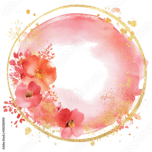 Vivid pink watercolor circle surrounded by delicate gold and pink leaves on a...