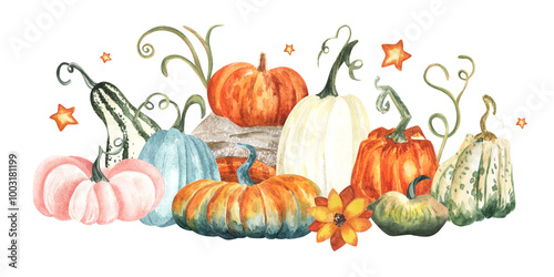 Watercolor pumpkins composition. Hand painted green, blue , white and orange pumpkins with leaves isolated on white background. Autumn harvest. Botanical illustration for design, print or stickers
