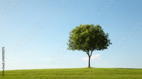 A lush green tree rises elegantly on a grassy hill beneath an expansive blue sky