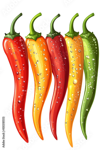 Colorful fresh chili peppers glistening with water on a white background in n...
