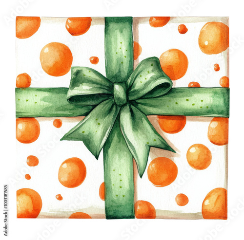 Brightly wrapped gift box with orange polka dots and festive ribbon for a che...