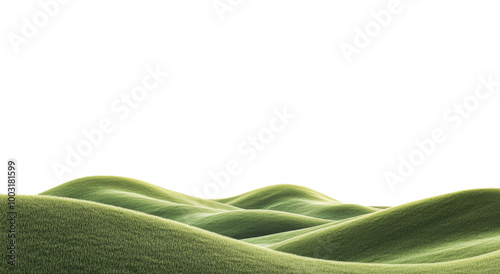 Rolling green hills under a bright sky create a serene landscape in early mor...