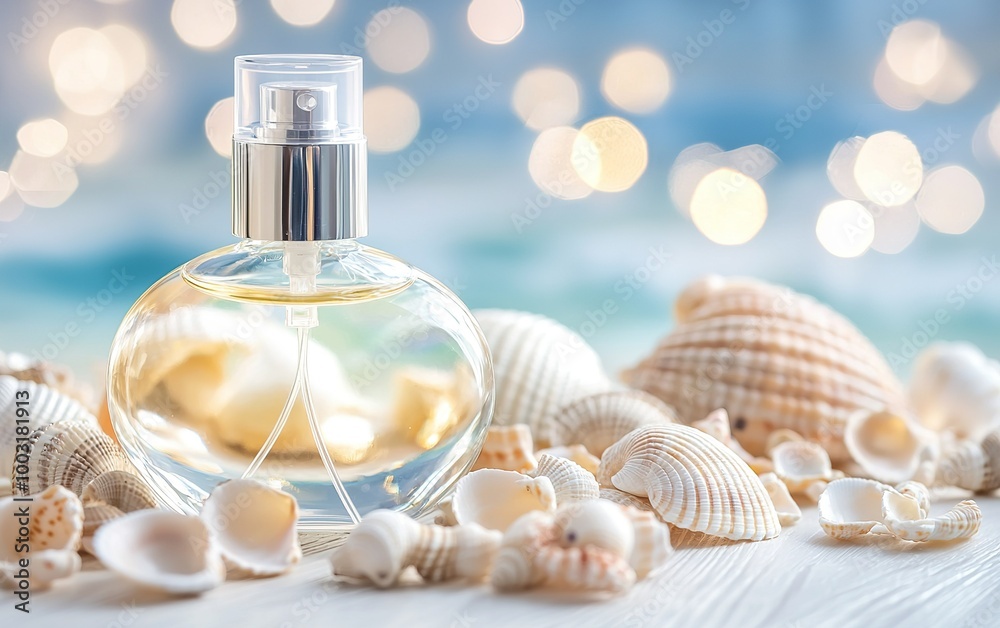 Sensual summer breeze captured in a glass perfume bottle with seashells and sparkling background by the beach at twilight Sensual summer breeze captured in a glass perfume bottle with seashells and sparkling background by the beach at twilight