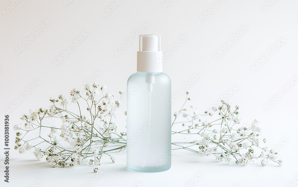 A delicate glass spray bottle surrounded by tender white flowers on a soft background, capturing serenity and natural beauty A delicate glass spray bottle surrounded by tender white flowers on a soft background, capturing serenity and natural beauty