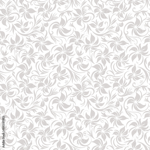 Grey and white floral seamless pattern. Subtle vector abstract minimal ornament texture with flower silhouettes, leaves, curly shapes. Simple elegant botanical background. Repeatable floral design