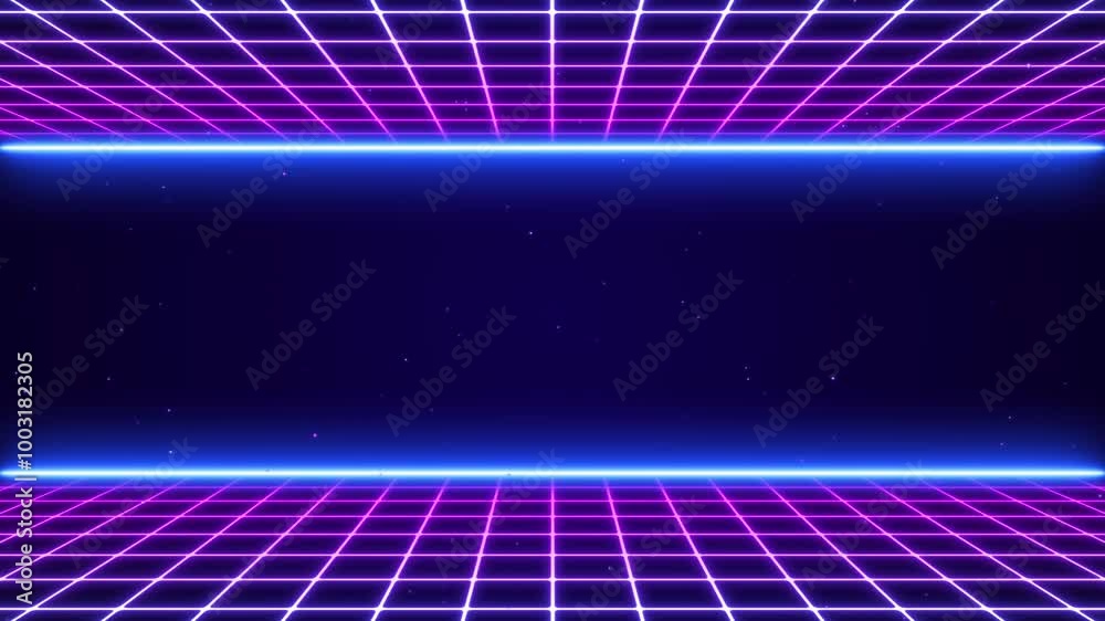 3D Synthwave terrain landscape, digital blue purple glow cyberspace laser neon grid floor perspective, abstract futuristic retrowave poster design, 80s retro arcade game style motion background loop