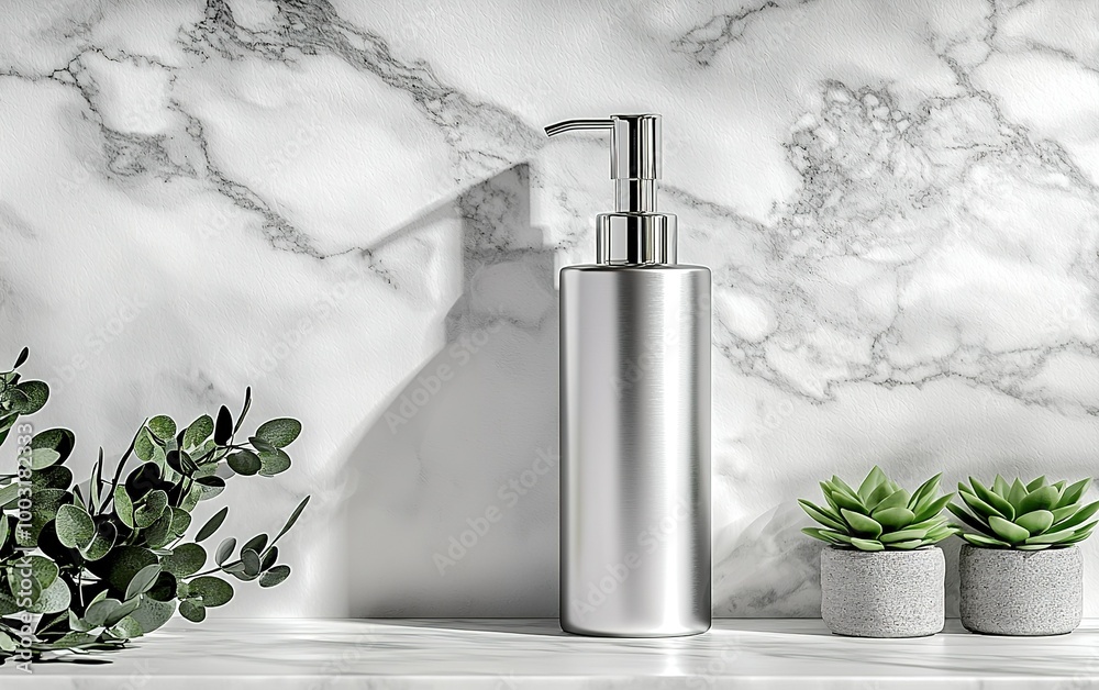 Modern bathroom aesthetic featuring a sleek silver dispenser beside decorative succulents on a polished marble countertop Modern bathroom aesthetic featuring a sleek silver dispenser beside decorative succulents on a polished marble countertop