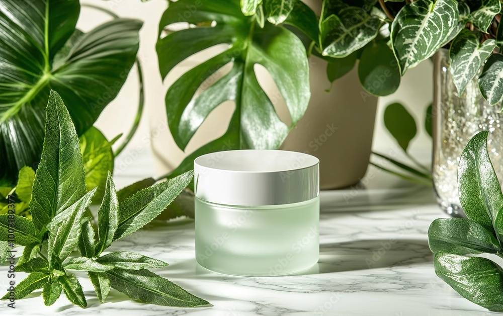 A serene arrangement of a skincare cream jar surrounded by lush green plants in a bright, natural light setting A serene arrangement of a skincare cream jar surrounded by lush green plants in a bright, natural light setting