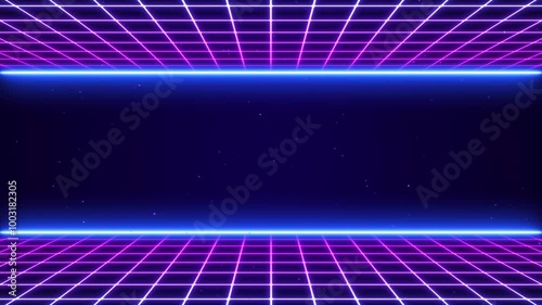 3D Synthwave terrain landscape, digital blue purple glow cyberspace laser neon grid floor perspective, abstract futuristic retrowave poster design, 80s retro arcade game style motion background loop