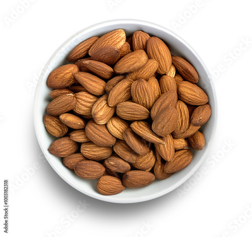 almonds in white bowl, top view