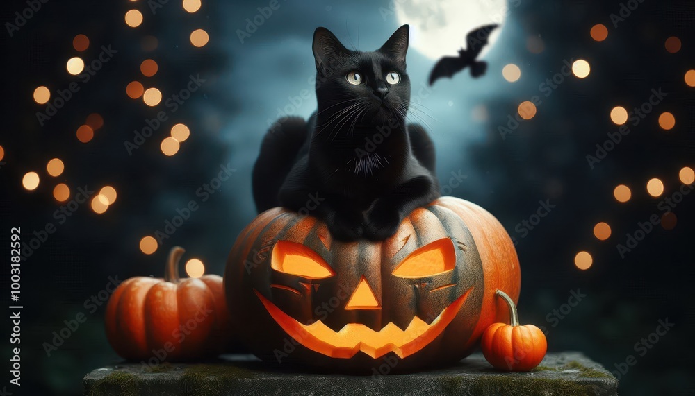 Naklejka premium Black Cat on a Pumpkin