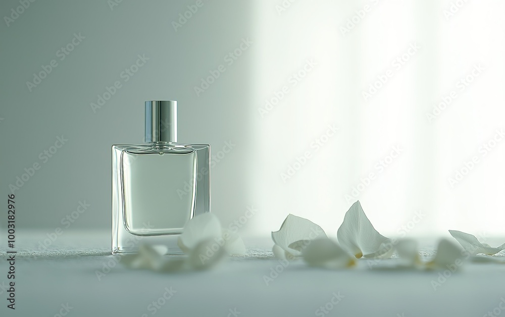 A delicate perfume bottle surrounded by soft white petals in a serene, softly lit setting A delicate perfume bottle surrounded by soft white petals in a serene, softly lit setting