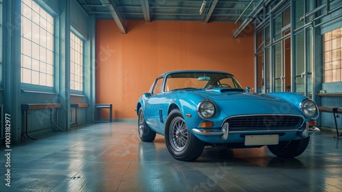 Elegant retro sports car in industrial garage. Classic style, atmosphere of the past and vintage, concept posters, postcards