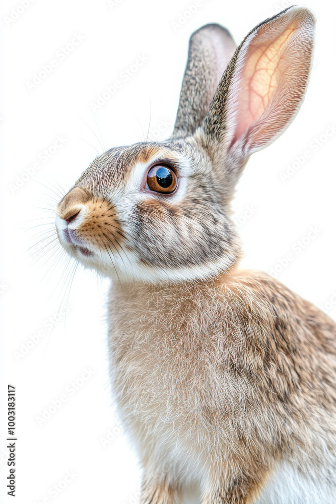 Fototapeta premium Close-up of a curious brown and white rabbit with upright ears against a plain white background.