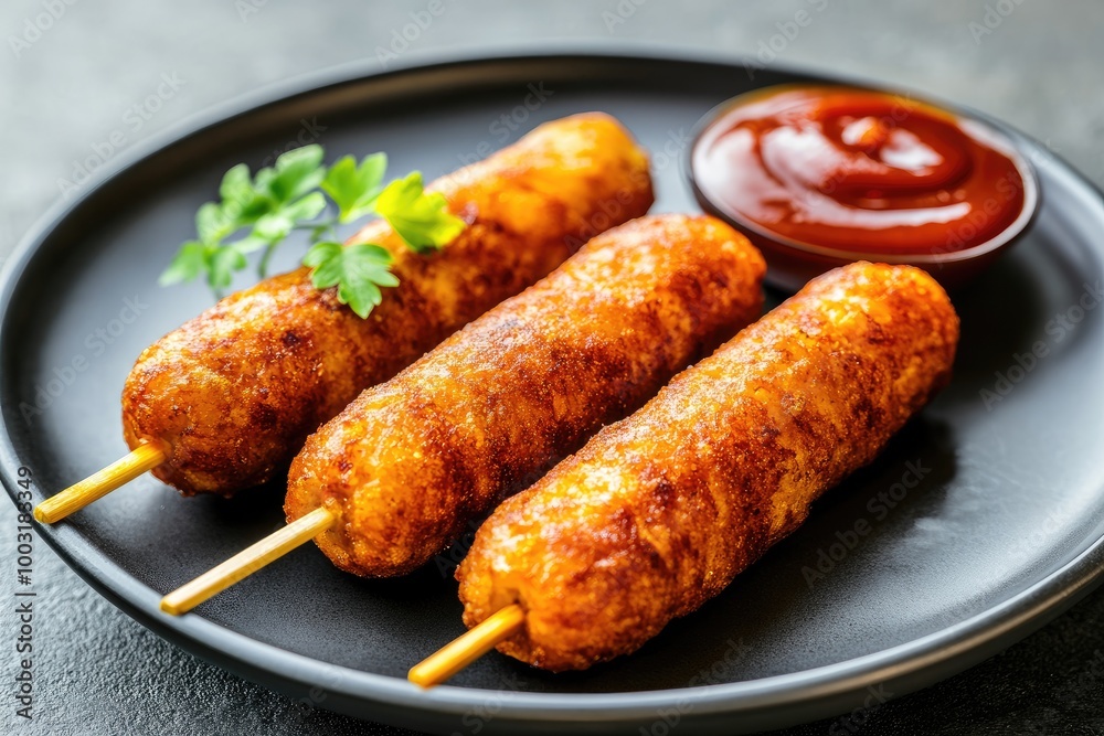 Delicious golden brown skewers served with a side of tangy dipping sauce on a black plate Delicious golden brown skewers served with a side of tangy dipping sauce on a black plate