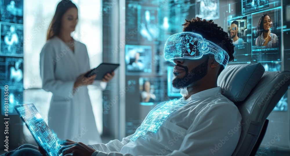 Advanced brain-computer interface testing with a man wearing neural headset as doctor monitors data on tablet Advanced brain-computer interface testing with a man wearing neural headset as doctor monitors data on tablet