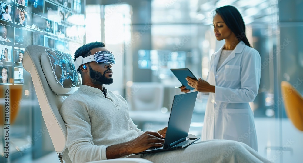 Obraz premium A man experiencing virtual reality in a high-tech lab with advanced brain interface technology and a scientist using digital tablets