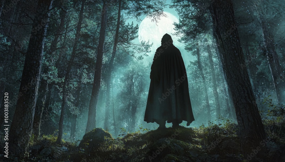 Shadowy hooded figure, enveloped in misty forest, illuminated by ethereal moonlight Shadowy hooded figure, enveloped in misty forest, illuminated by ethereal moonlight
