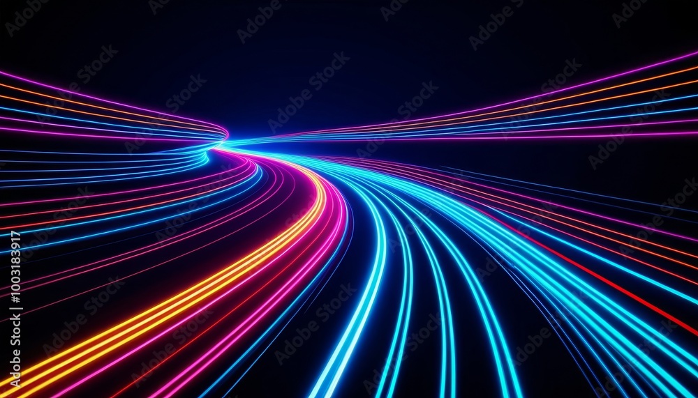 Neon Curved Light Stripes on Black Background for Abstract Design Neon Curved Light Stripes on Black Background for Abstract Design